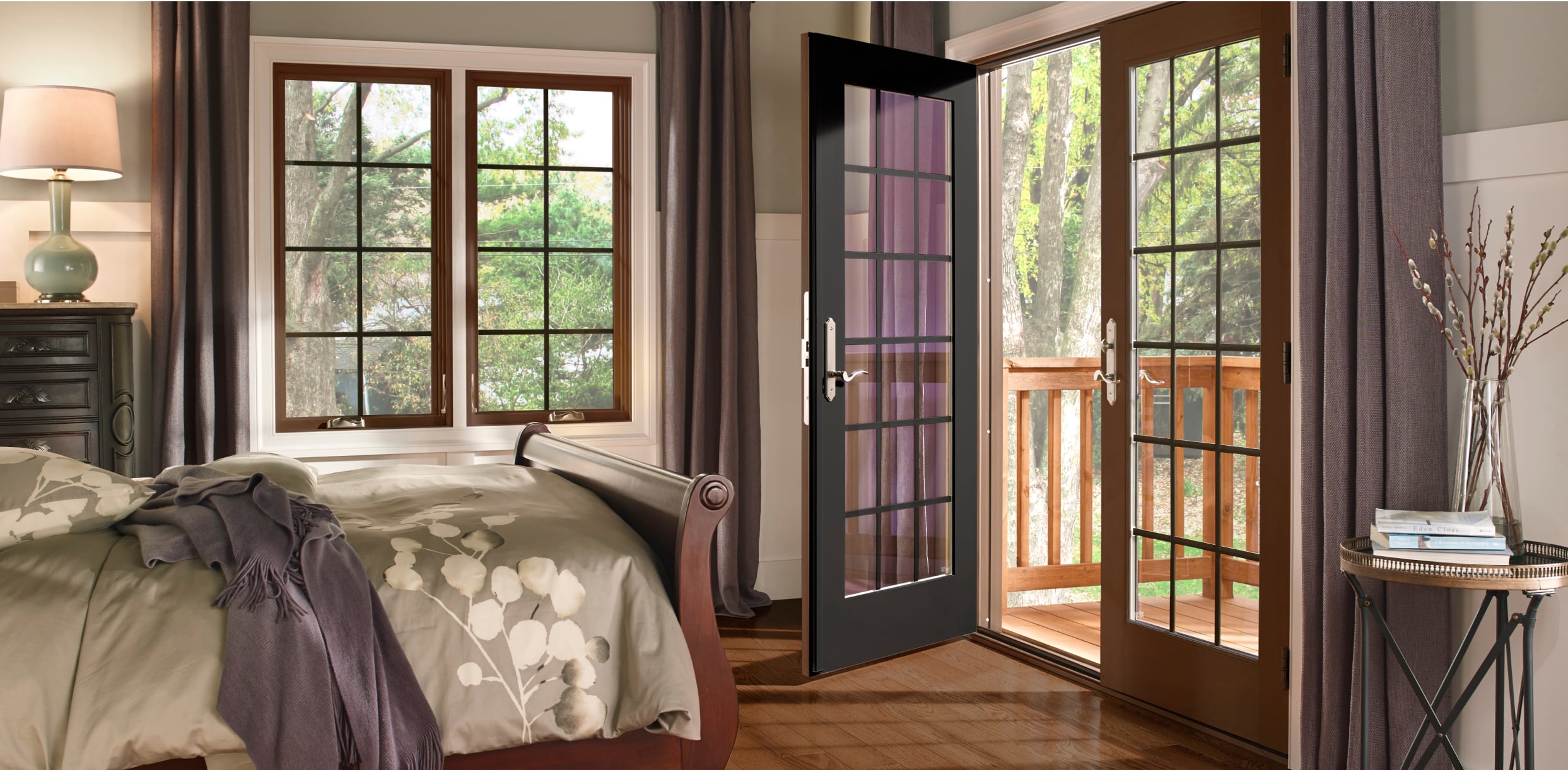 PGW_Interior_Bedroom_PatioDoors_ColonialCherryWoodgrain_IdeasInspiration_Module_1_1243x610_p313 MIRA French In-Swing Patio Door with Colonial Grilles Interior View